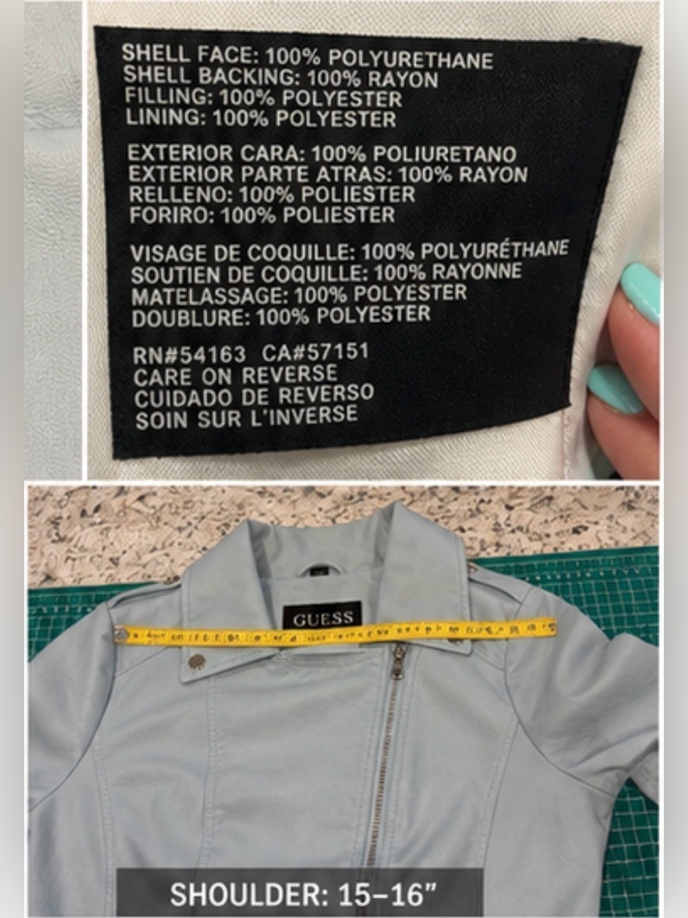 GUESS Light Blue Moto Jacket Faux Leather Biker Zip Large - Picture 4 of 8